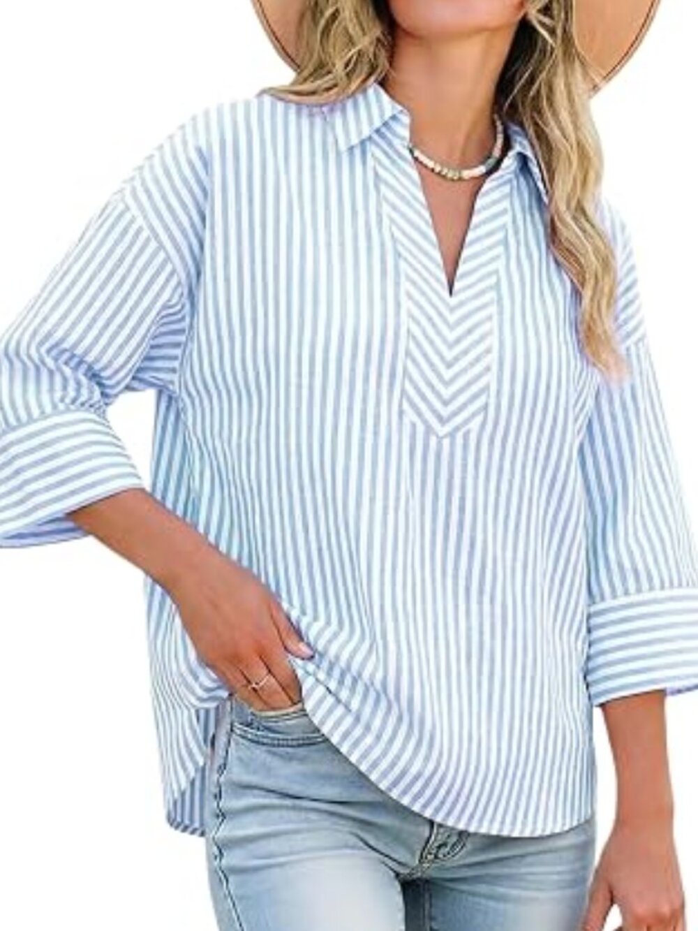 Watashi Women Striped Dressy Henley Shirt (M) Blue